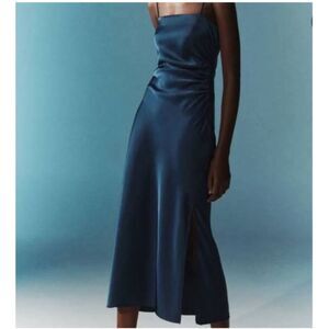 House of Harlow 1960 Size L Satin Navy Blue Maxi Satin Slip Dress Square Neck